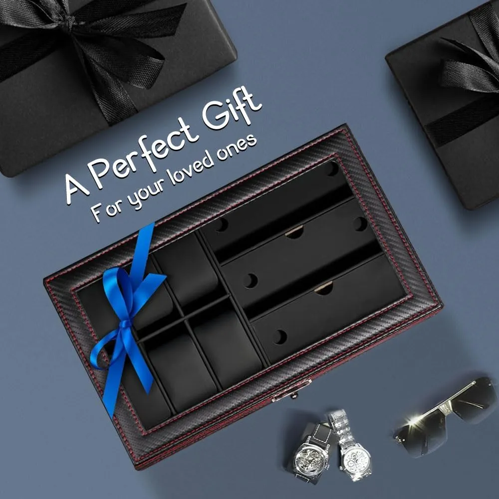 J&T Technology Watch Jewelry Box Organizer,6 Slot Watch Case & 3 Sunglasses Organizer with Glass Lid,2-Tier Men's Jewelry Box,Watch Holder Display Case for Men,Birthday Gift