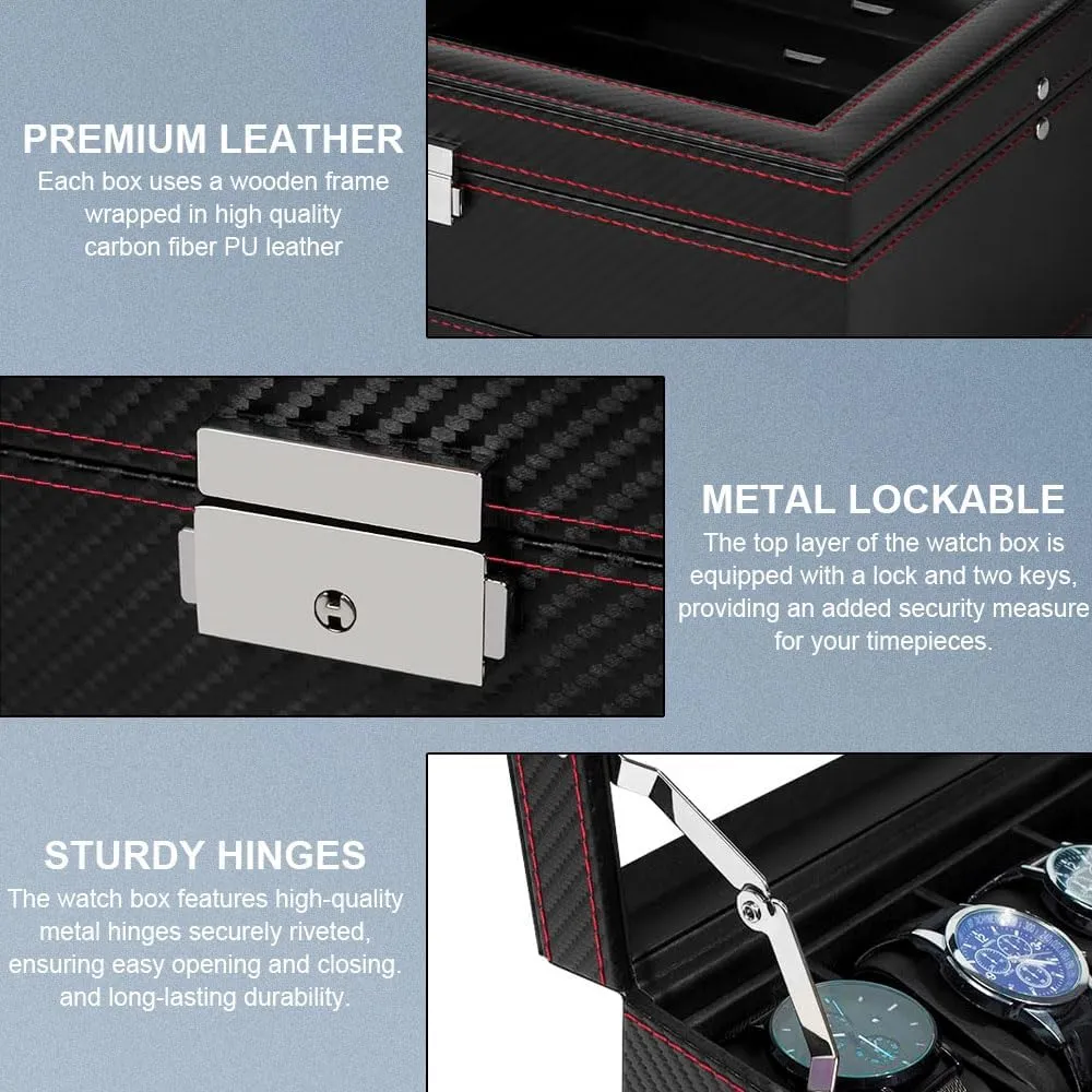 J&T Technology Watch Jewelry Box Organizer,6 Slot Watch Case & 3 Sunglasses Organizer with Glass Lid,2-Tier Men's Jewelry Box,Watch Holder Display Case for Men,Birthday Gift