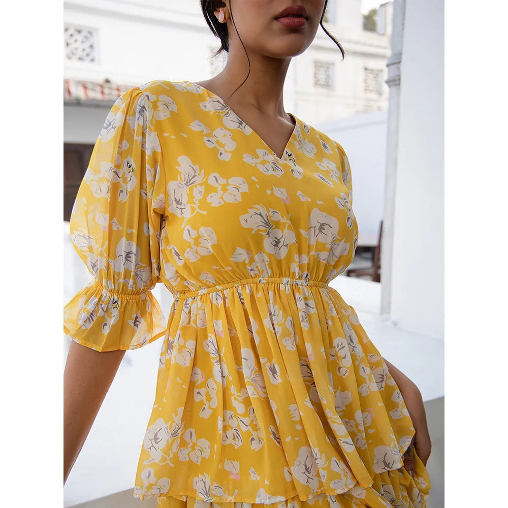 Janasya Womens Yellow Georgette Floral Print Layered Dress