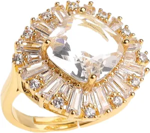 Jean Beau Gold Rhinestone Statement Adjustable Ring for Women Large Crystal Cubic Zirconia Stacking Rings Prom Wedding Bridal Finger Jewelry Gift for Her