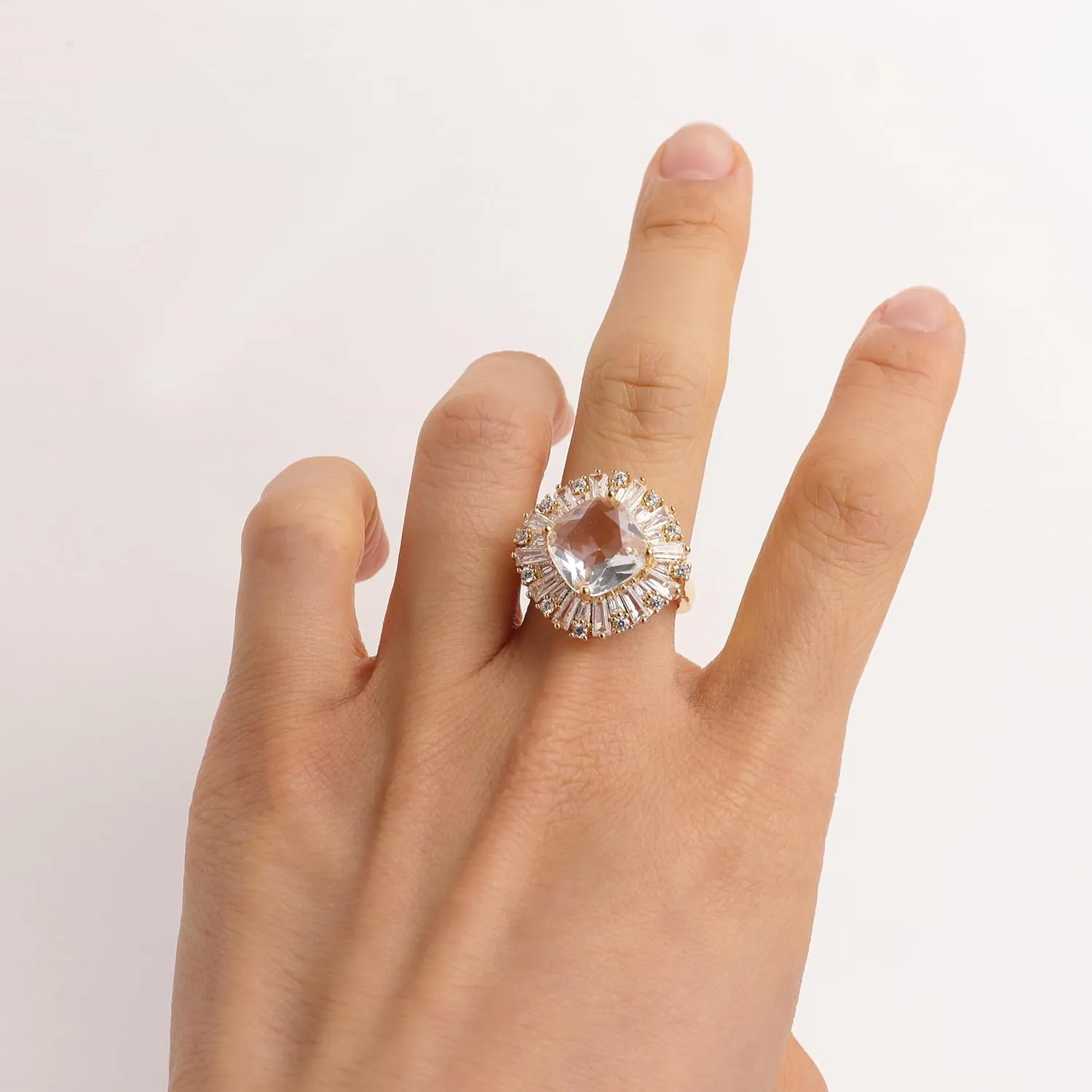 Jean Beau Gold Rhinestone Statement Adjustable Ring for Women Large Crystal Cubic Zirconia Stacking Rings Prom Wedding Bridal Finger Jewelry Gift for Her
