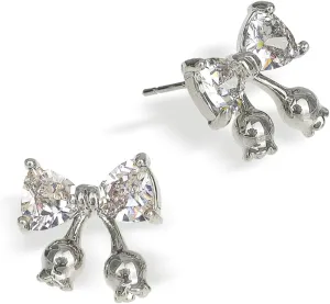 JeanBeau Rhinestone Bow Stud Earrings for Women, Cute Small Cubic Zirconia Ribbon Sterling Silver Hypoallergenic Cartilage Studs Holiday Party Prom Trendy Jewelry Gift for Her