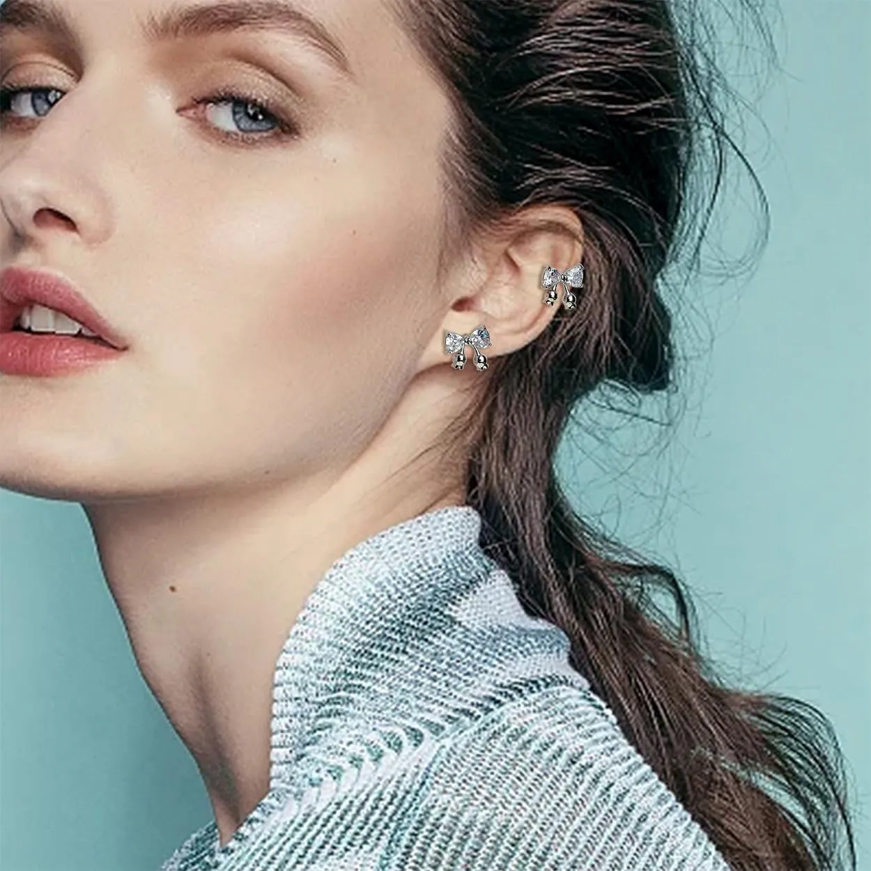 JeanBeau Rhinestone Bow Stud Earrings for Women, Cute Small Cubic Zirconia Ribbon Sterling Silver Hypoallergenic Cartilage Studs Holiday Party Prom Trendy Jewelry Gift for Her