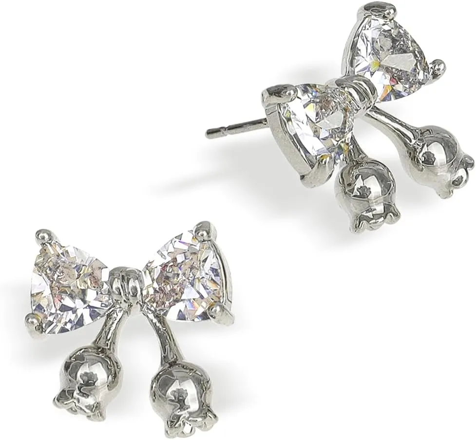 JeanBeau Rhinestone Bow Stud Earrings for Women, Cute Small Cubic Zirconia Ribbon Sterling Silver Hypoallergenic Cartilage Studs Holiday Party Prom Trendy Jewelry Gift for Her