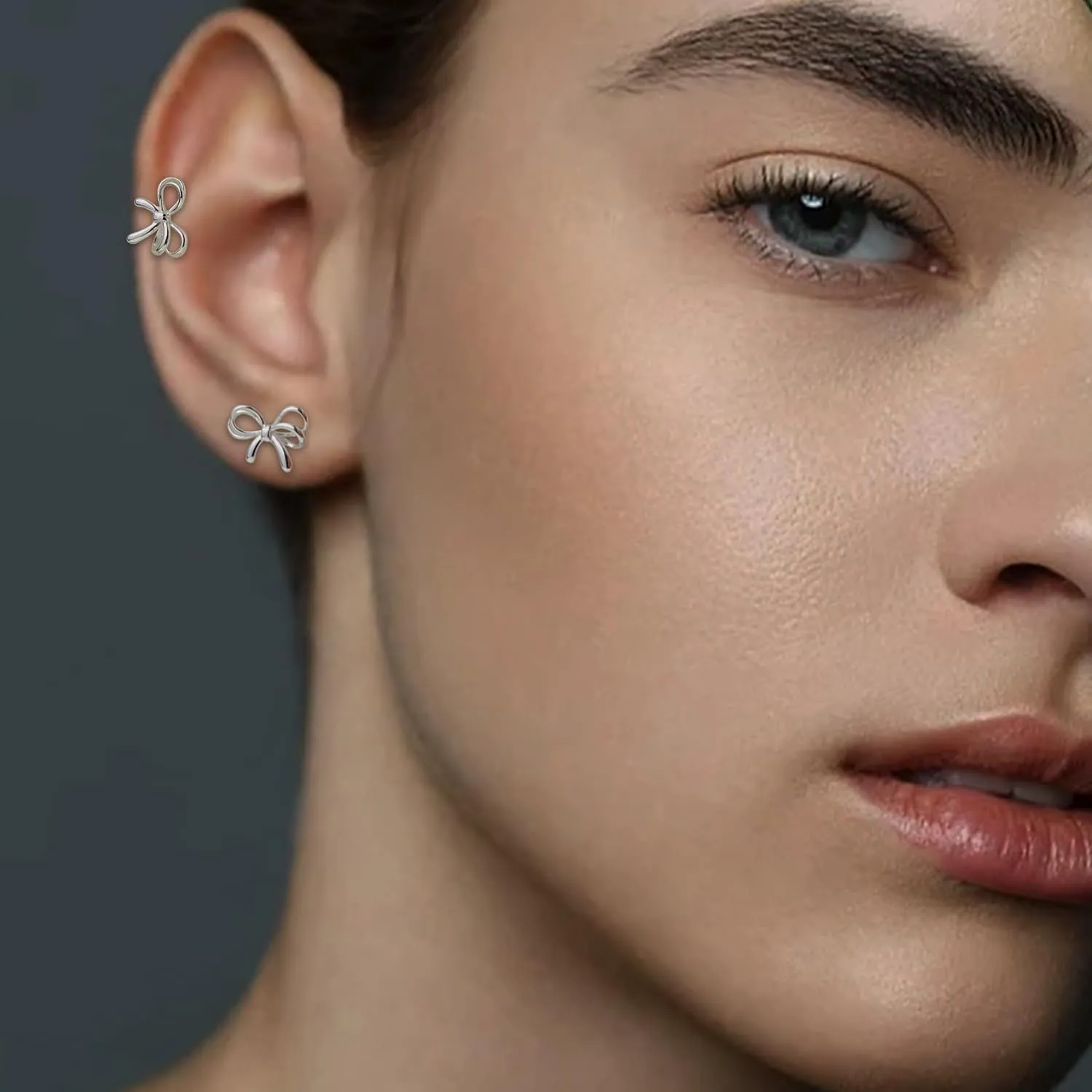 JeanBeau Small Bow Stud Earrings for Women Cute Ribbon Bowknot Studs Cartilage Hypoallergenic Holiday Party Prom Trendy Jewelry Gift