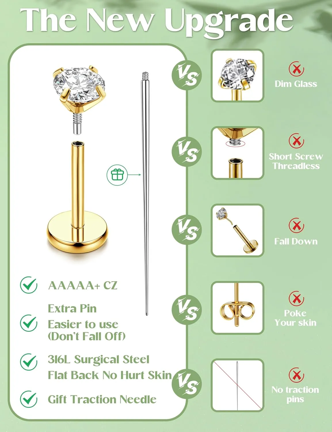 JeryWe 16/18G Nose Rings Stud for Women Men - 14K Gold Plated Internal Thread Flat Back Earrings Surgical Steel Hypoallergenic Tragus Helix Conch Piercing Jewelry Labret Lip Nose Ring Cartilage Earrings