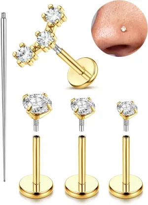 JeryWe 16/18G Nose Rings Stud for Women Men - 14K Gold Plated Internal Thread Flat Back Earrings Surgical Steel Hypoallergenic Tragus Helix Conch Piercing Jewelry Labret Lip Nose Ring Cartilage Earrings