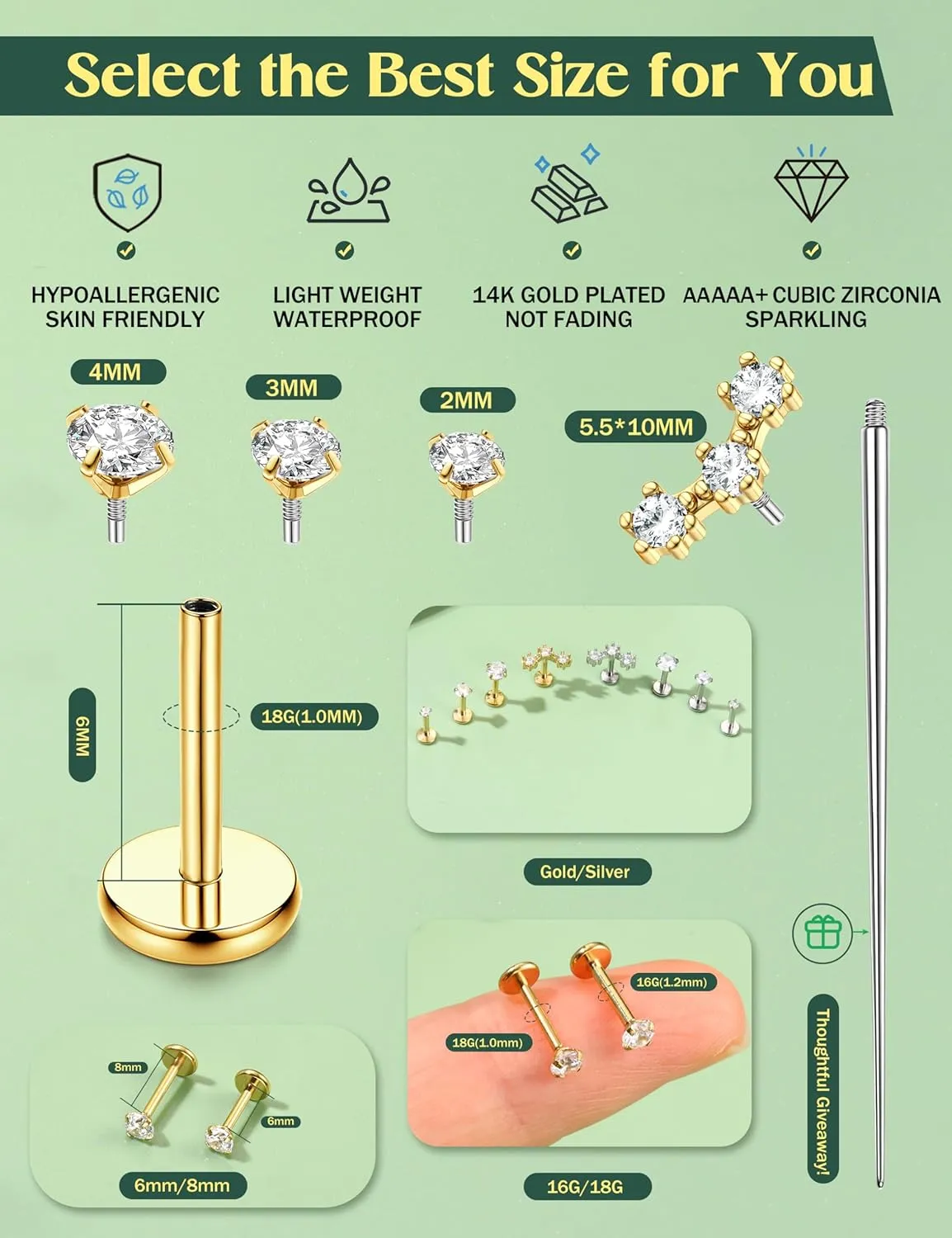 JeryWe 16/18G Nose Rings Stud for Women Men - 14K Gold Plated Internal Thread Flat Back Earrings Surgical Steel Hypoallergenic Tragus Helix Conch Piercing Jewelry Labret Lip Nose Ring Cartilage Earrings