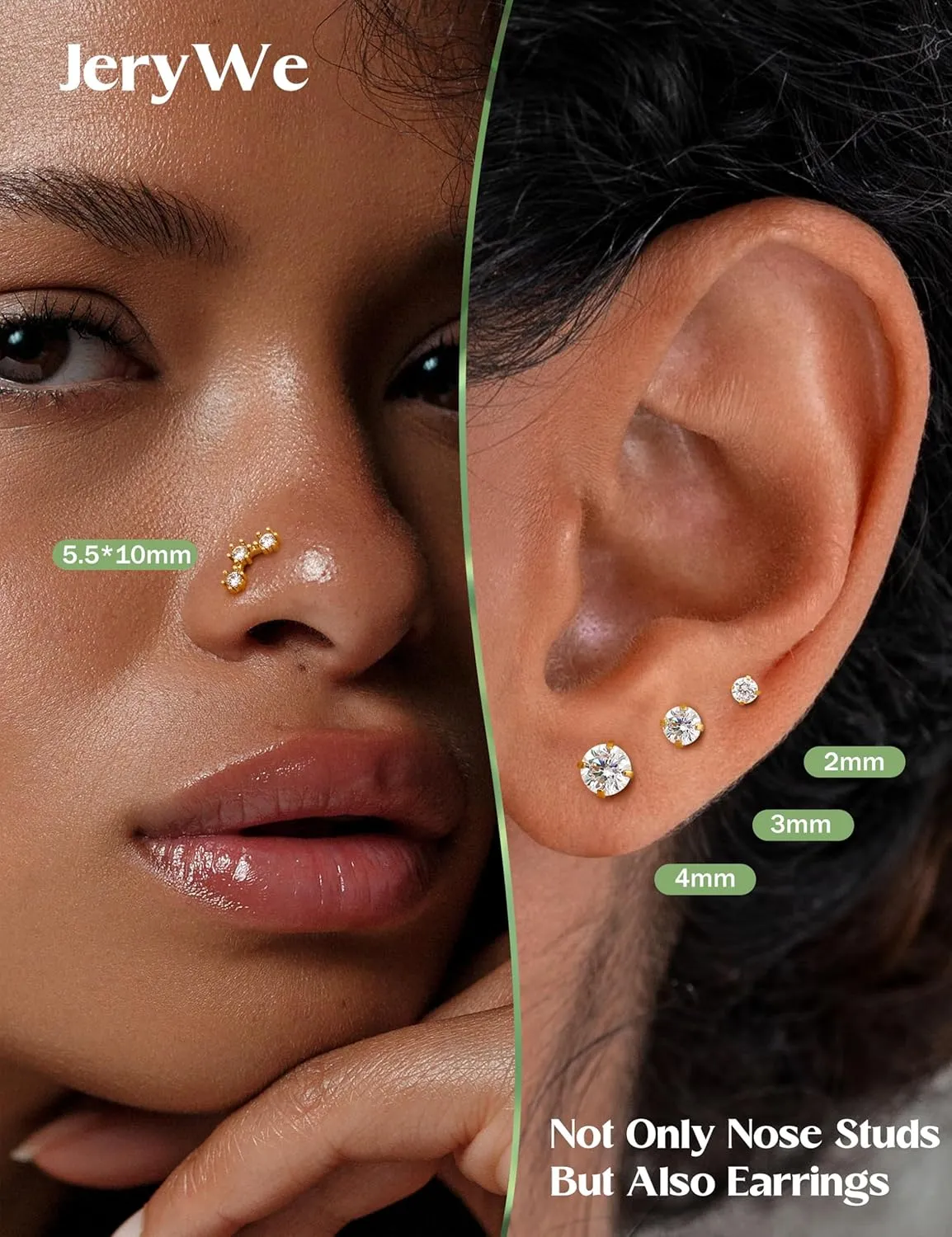JeryWe 16/18G Nose Rings Stud for Women Men - 14K Gold Plated Internal Thread Flat Back Earrings Surgical Steel Hypoallergenic Tragus Helix Conch Piercing Jewelry Labret Lip Nose Ring Cartilage Earrings