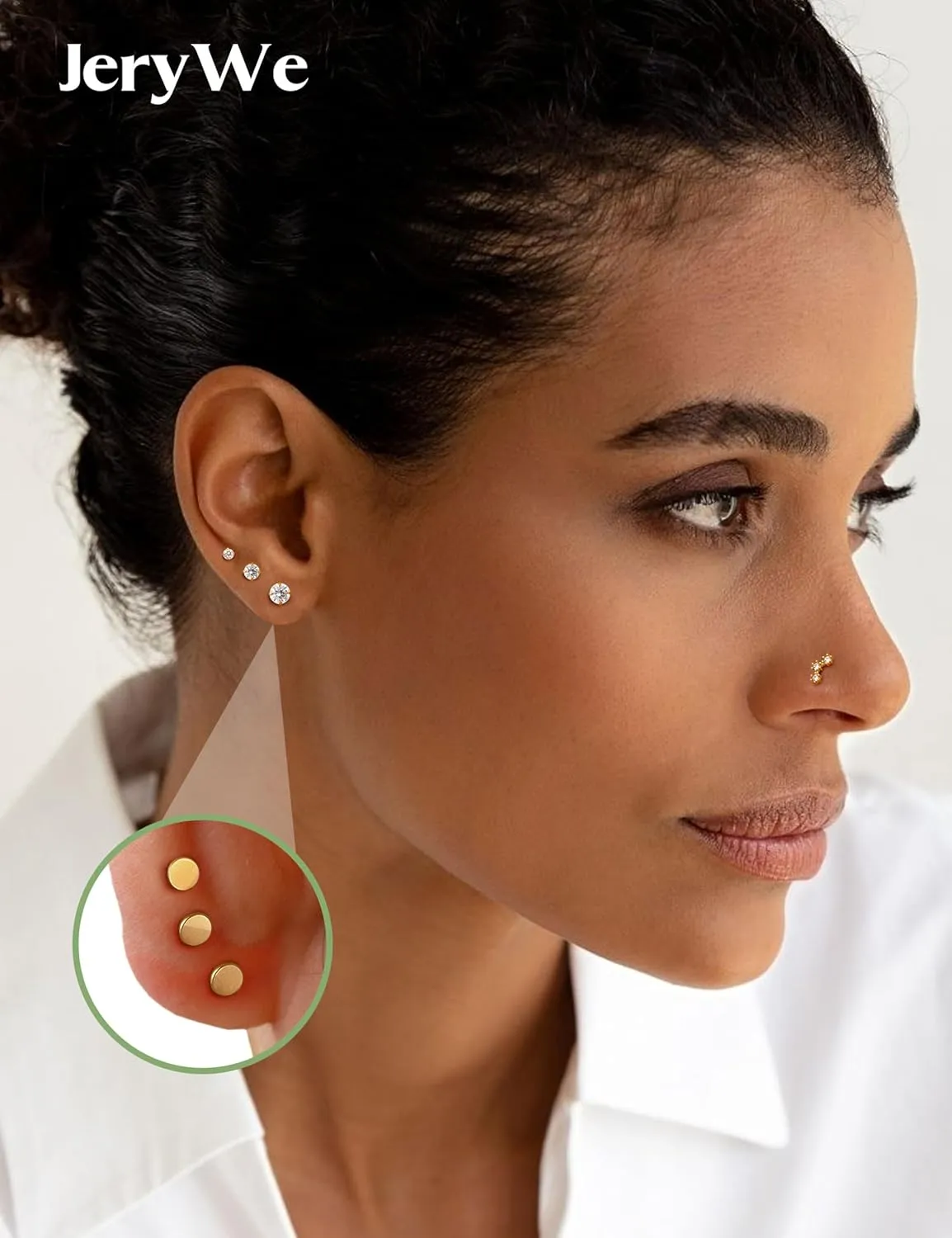 JeryWe 16/18G Nose Rings Stud for Women Men - 14K Gold Plated Internal Thread Flat Back Earrings Surgical Steel Hypoallergenic Tragus Helix Conch Piercing Jewelry Labret Lip Nose Ring Cartilage Earrings