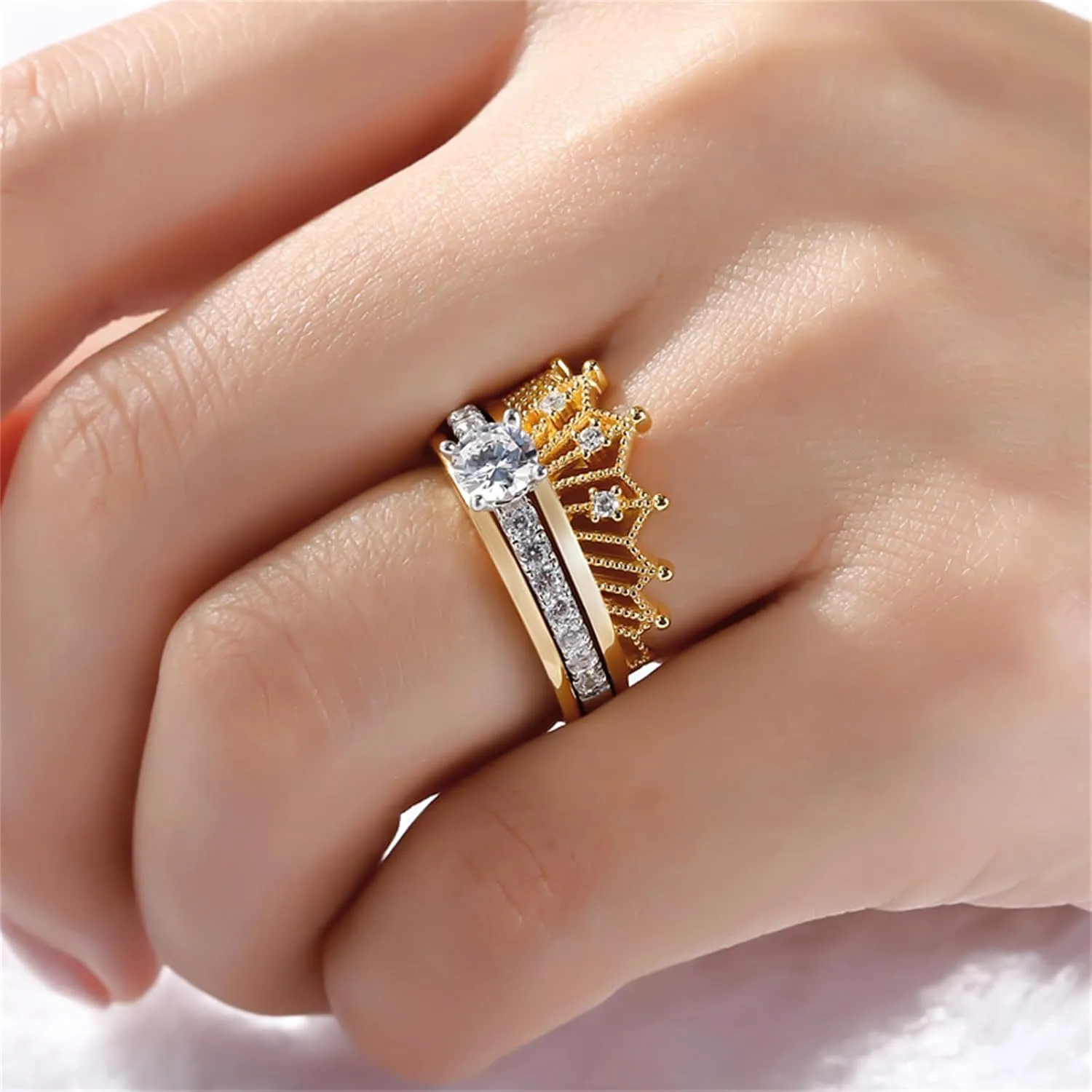 Jeulia 2 Carat Crown 925 Sterling Silver Ring For Women Crown Two Tone Round Cut Wedding Ring Sets Gold Plated Wedding Band Cubic Zirconia Engagement Ring Anniversary Promise with Jewelry Box