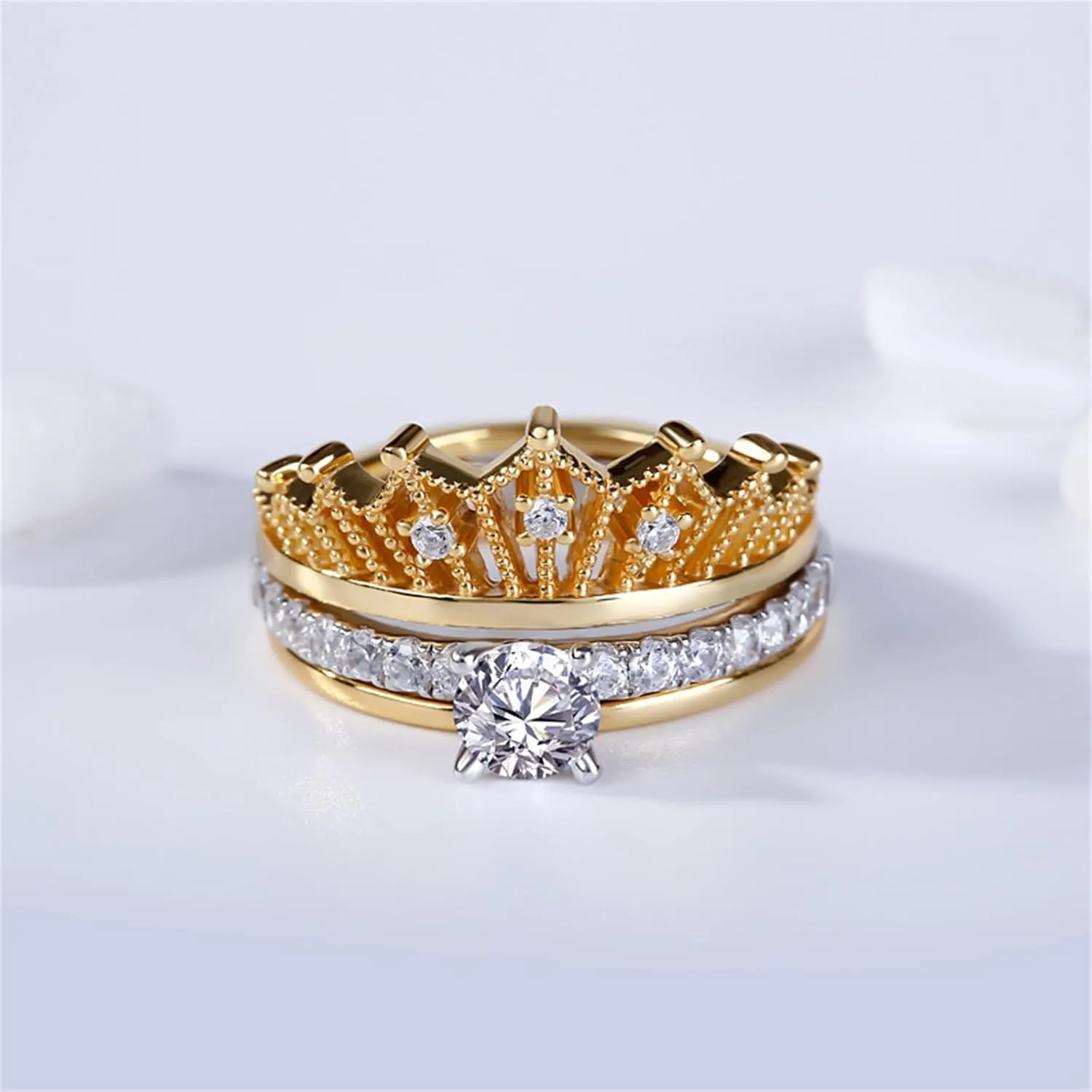 Jeulia 2 Carat Crown 925 Sterling Silver Ring For Women Crown Two Tone Round Cut Wedding Ring Sets Gold Plated Wedding Band Cubic Zirconia Engagement Ring Anniversary Promise with Jewelry Box