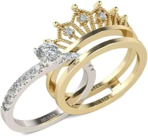 Jeulia 2 Carat Crown 925 Sterling Silver Ring For Women Crown Two Tone Round Cut Wedding Ring Sets Gold Plated Wedding Band Cubic Zirconia Engagement Ring Anniversary Promise with Jewelry Box