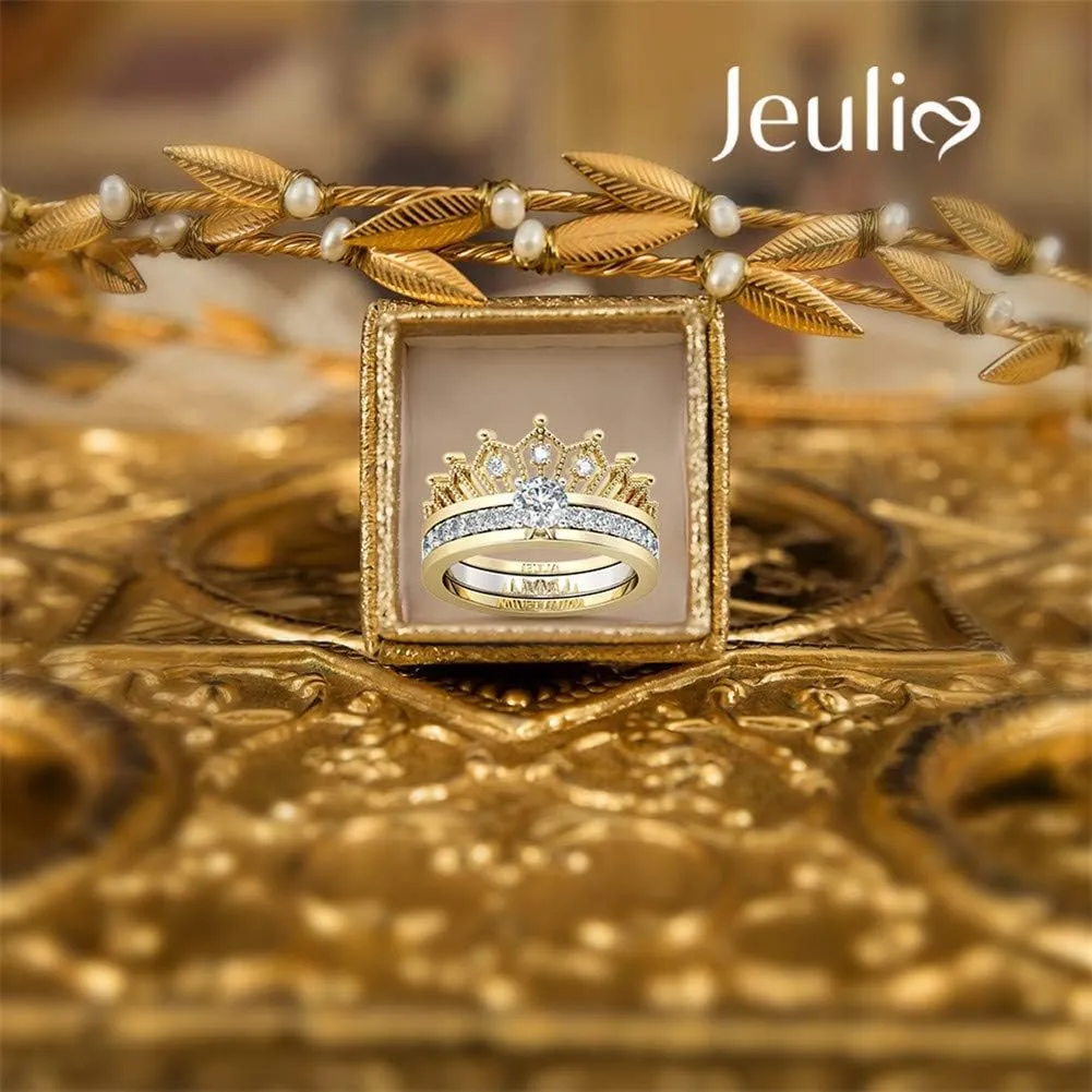 Jeulia 2 Carat Crown 925 Sterling Silver Ring For Women Crown Two Tone Round Cut Wedding Ring Sets Gold Plated Wedding Band Cubic Zirconia Engagement Ring Anniversary Promise with Jewelry Box