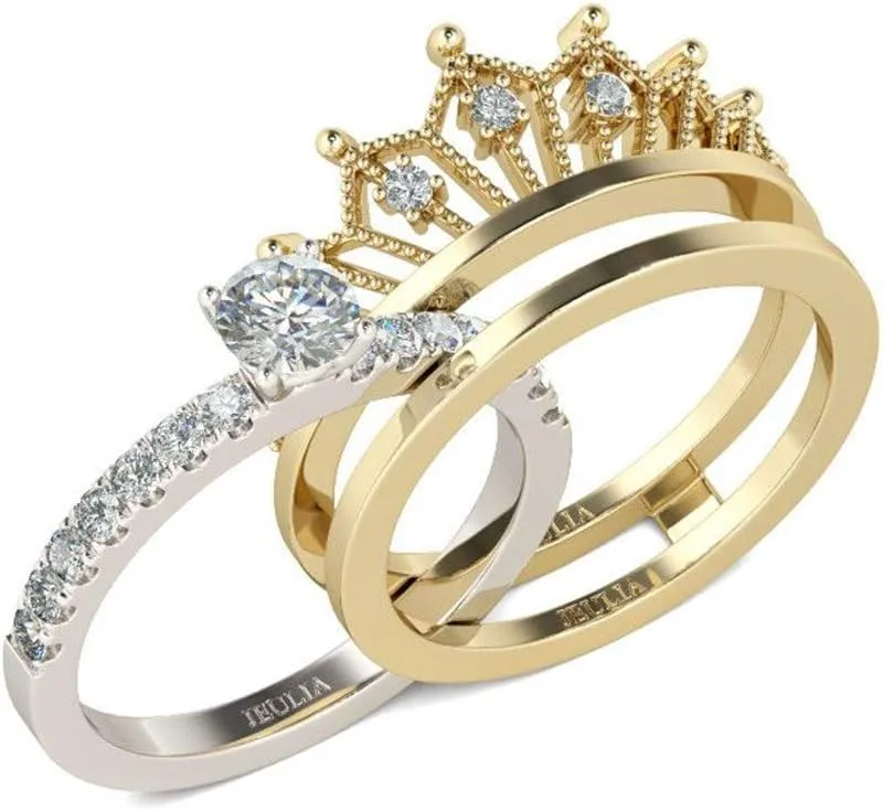 Jeulia 2 Carat Crown 925 Sterling Silver Ring For Women Crown Two Tone Round Cut Wedding Ring Sets Gold Plated Wedding Band Cubic Zirconia Engagement Ring Anniversary Promise with Jewelry Box