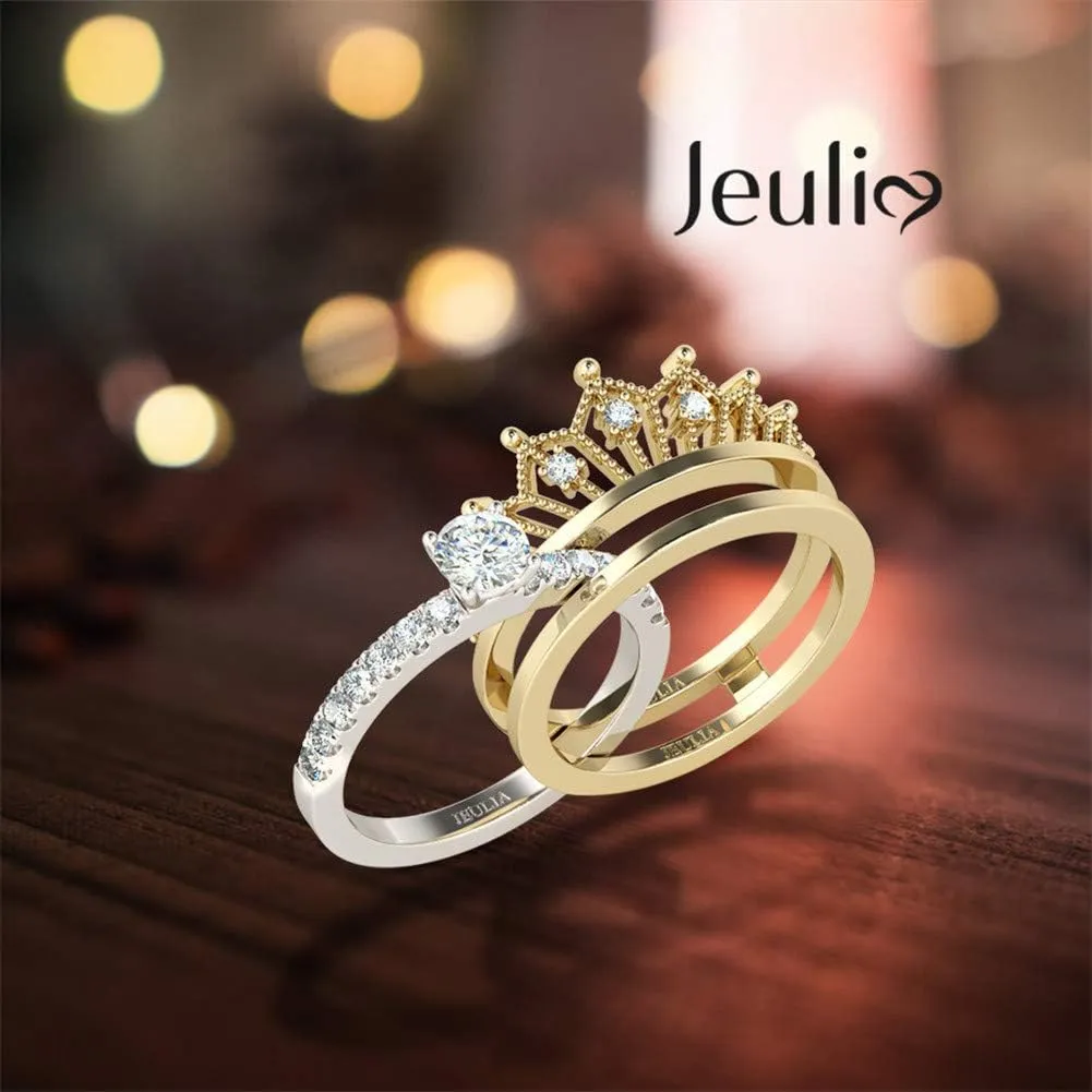 Jeulia 2 Carat Crown 925 Sterling Silver Ring For Women Crown Two Tone Round Cut Wedding Ring Sets Gold Plated Wedding Band Cubic Zirconia Engagement Ring Anniversary Promise with Jewelry Box