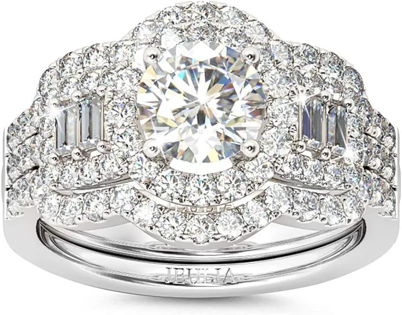 Jeulia 2 Carat Engagement Halo Rings for Women Sterling Silver Round Cut Bridal Set Cubic Zirconia Wedding Diamond Band Rings Promise Anniversary Rings for Her