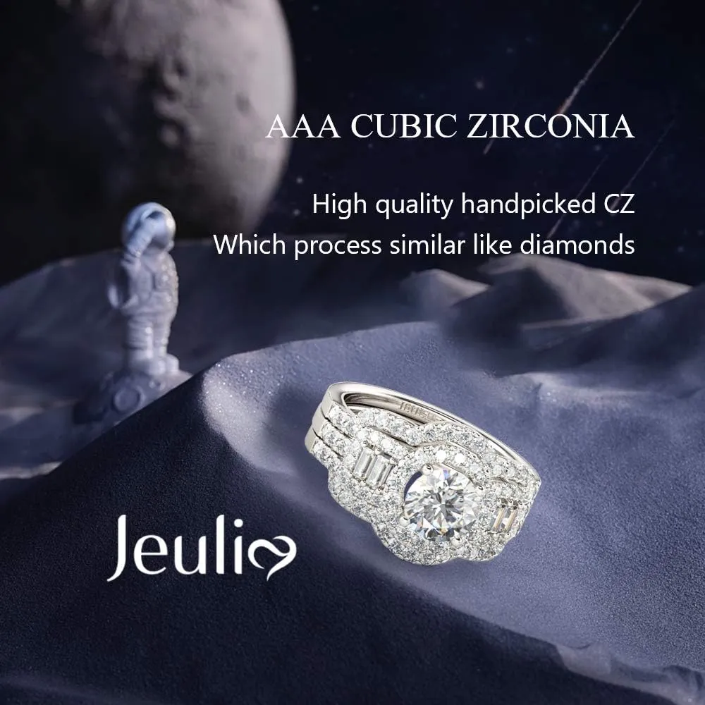 Jeulia 2 Carat Engagement Halo Rings for Women Sterling Silver Round Cut Bridal Set Cubic Zirconia Wedding Diamond Band Rings Promise Anniversary Rings for Her