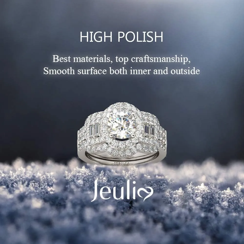 Jeulia 2 Carat Engagement Halo Rings for Women Sterling Silver Round Cut Bridal Set Cubic Zirconia Wedding Diamond Band Rings Promise Anniversary Rings for Her