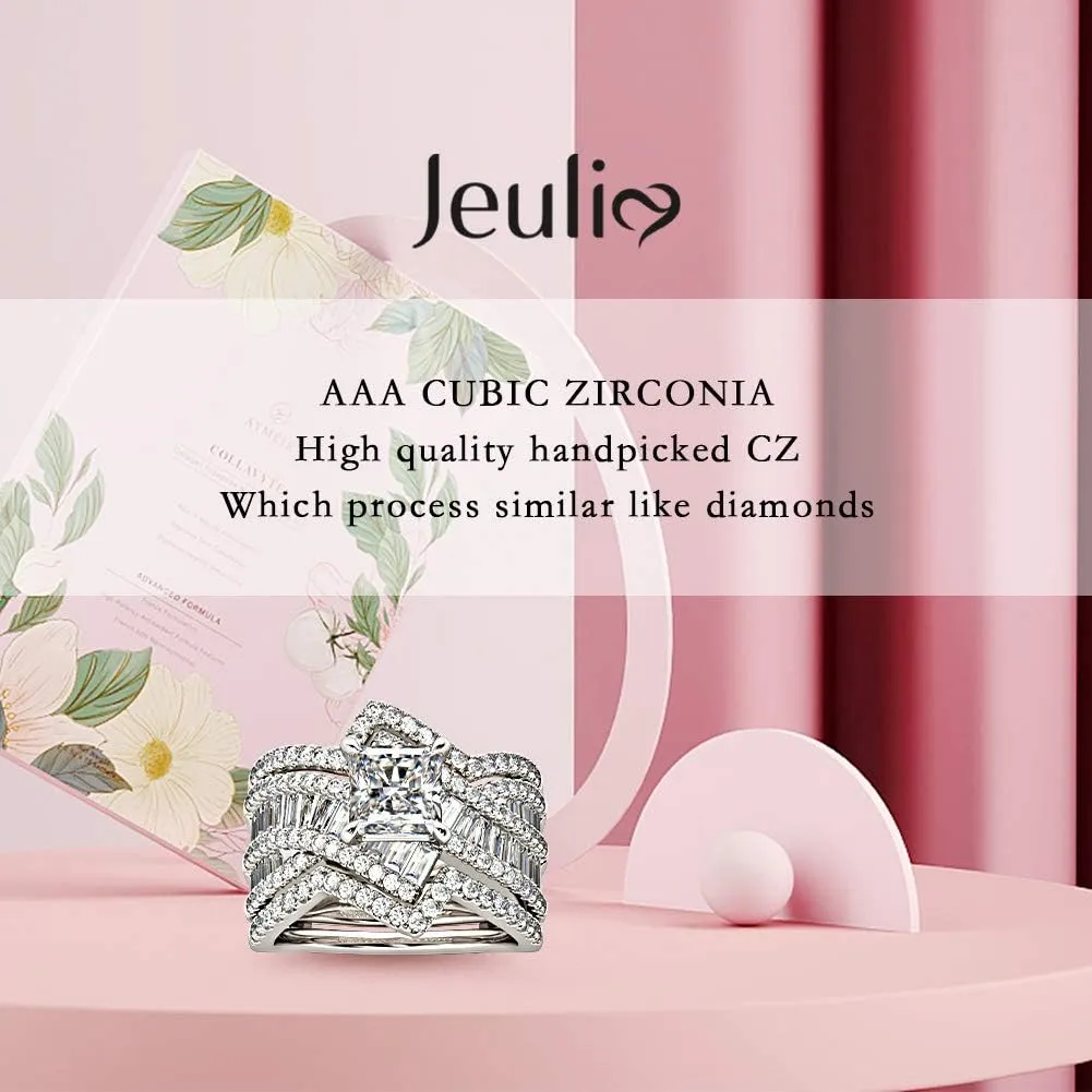 Jeulia 2 Carat Princess Cut Wedding Ring Sets for Women Bypass 925 Silver Engagement Rings CZ Diamond Cubic Zirconia Bridal Rings Anniversary Promise with Jewelry Box