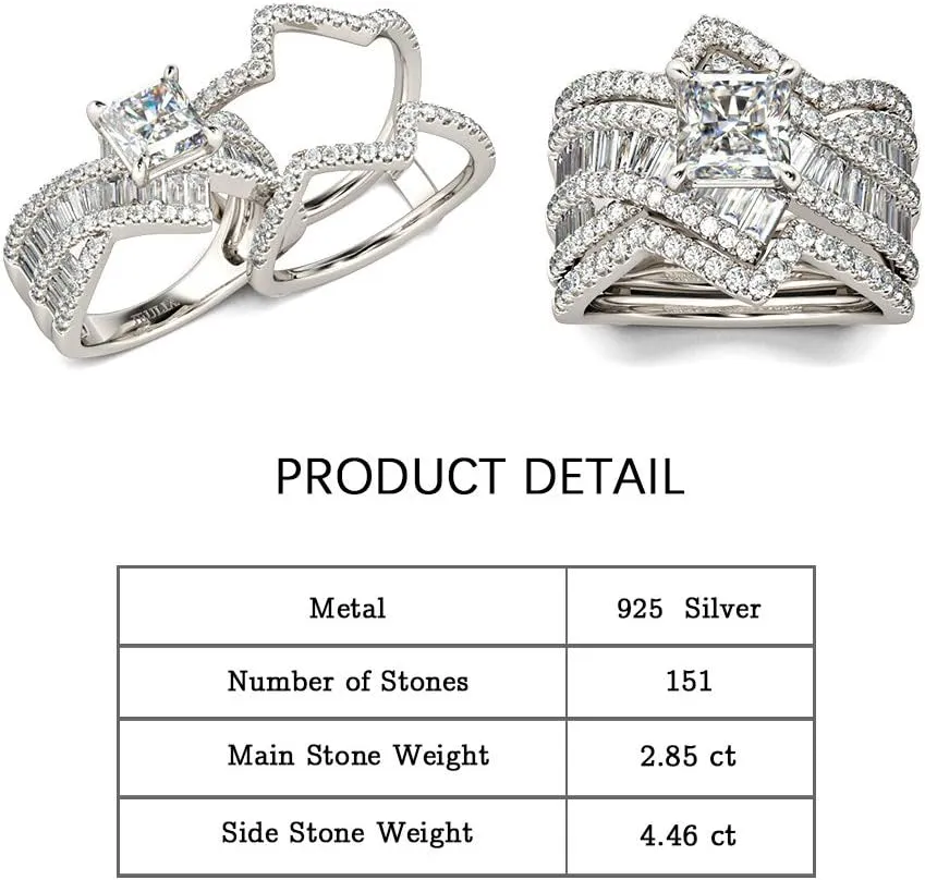 Jeulia 2 Carat Princess Cut Wedding Ring Sets for Women Bypass 925 Silver Engagement Rings CZ Diamond Cubic Zirconia Bridal Rings Anniversary Promise with Jewelry Box