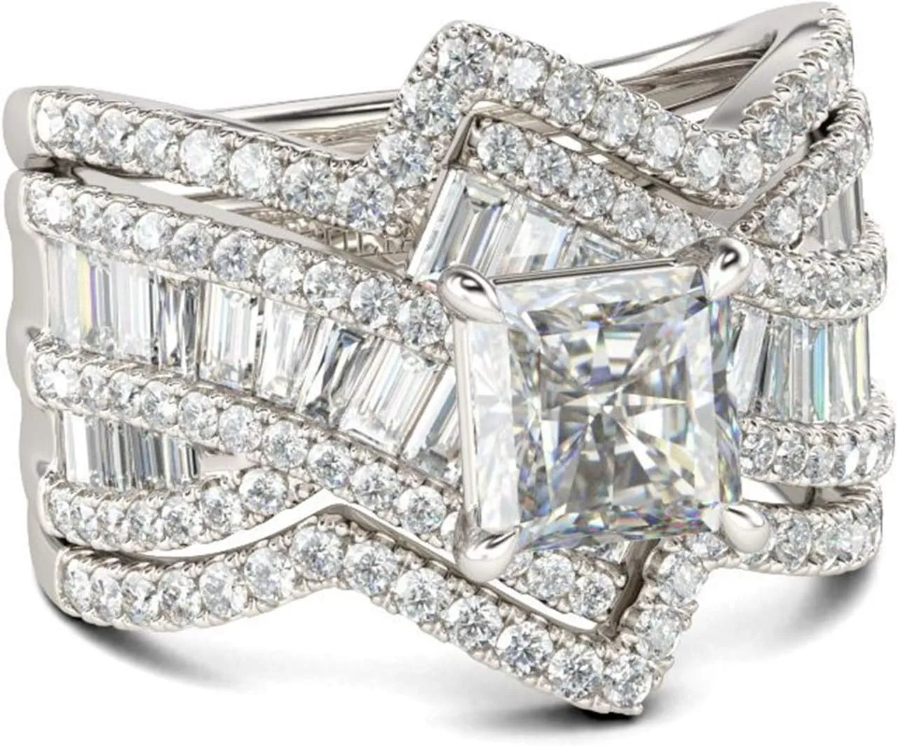 Jeulia 2 Carat Princess Cut Wedding Ring Sets for Women Bypass 925 Silver Engagement Rings CZ Diamond Cubic Zirconia Bridal Rings Anniversary Promise with Jewelry Box