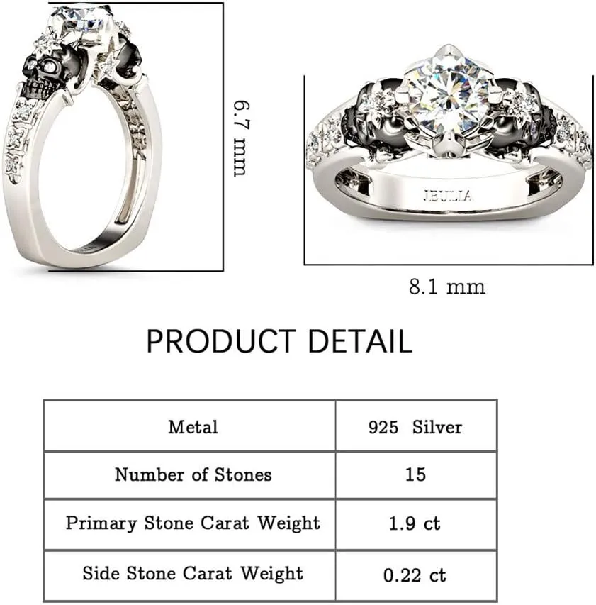Jeulia 2 Carat Round Cut Diamond Skull Rings for Women Customized Bridal Sterling Silver TwoTone Wedding Band with European Shank Wedding Engagement Promise Rings for Her with GiftBox
