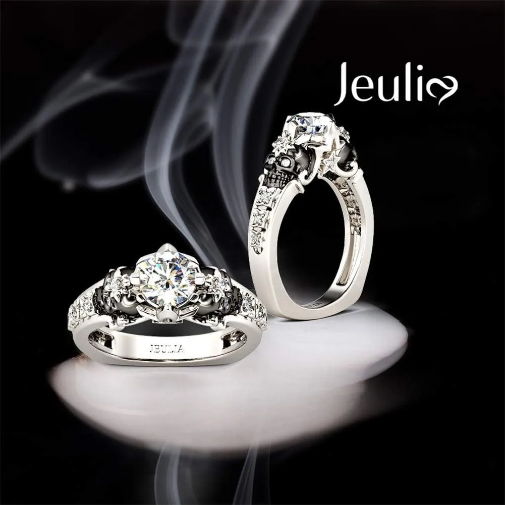 Jeulia 2 Carat Round Cut Diamond Skull Rings for Women Customized Bridal Sterling Silver TwoTone Wedding Band with European Shank Wedding Engagement Promise Rings for Her with GiftBox