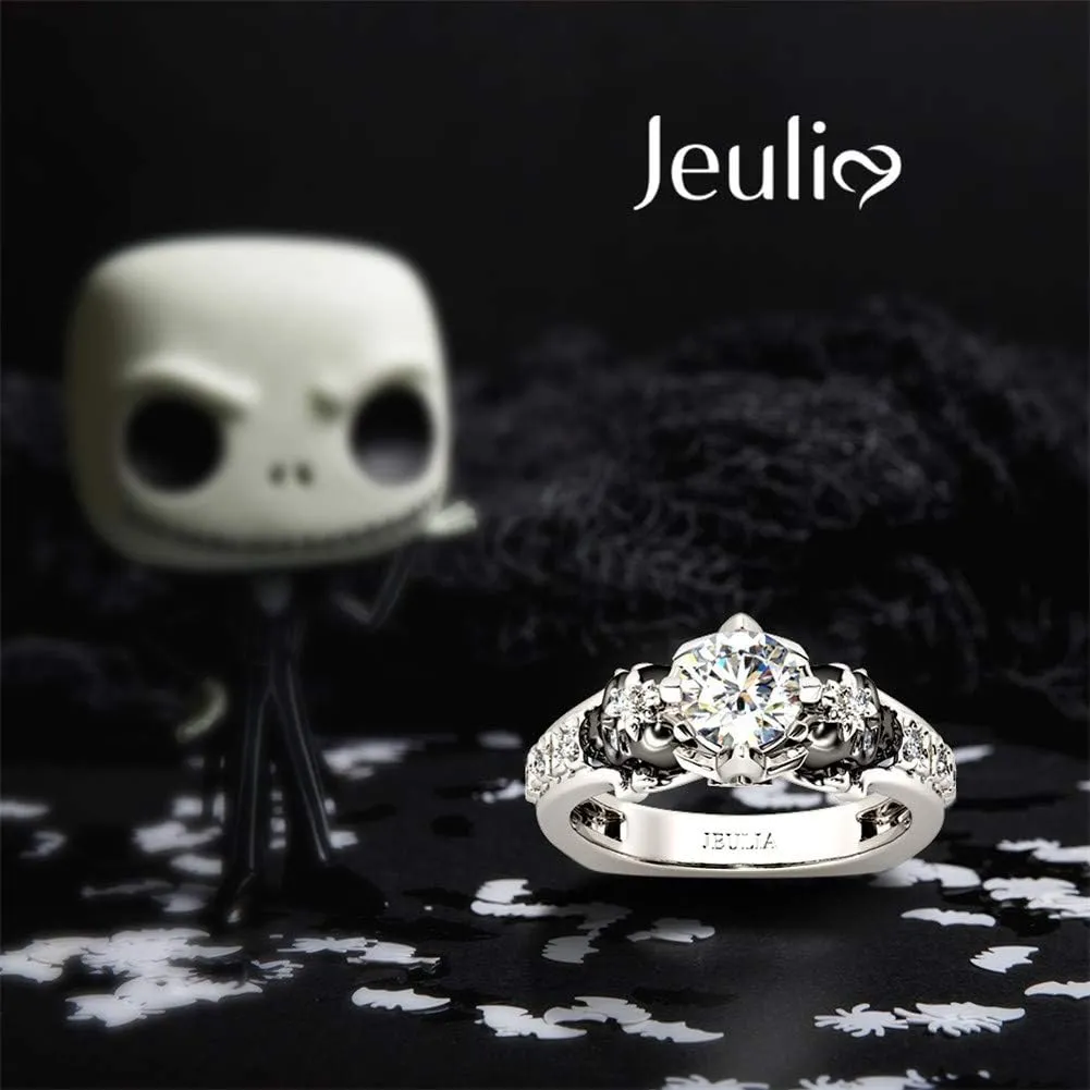 Jeulia 2 Carat Round Cut Diamond Skull Rings for Women Customized Bridal Sterling Silver TwoTone Wedding Band with European Shank Wedding Engagement Promise Rings for Her with GiftBox