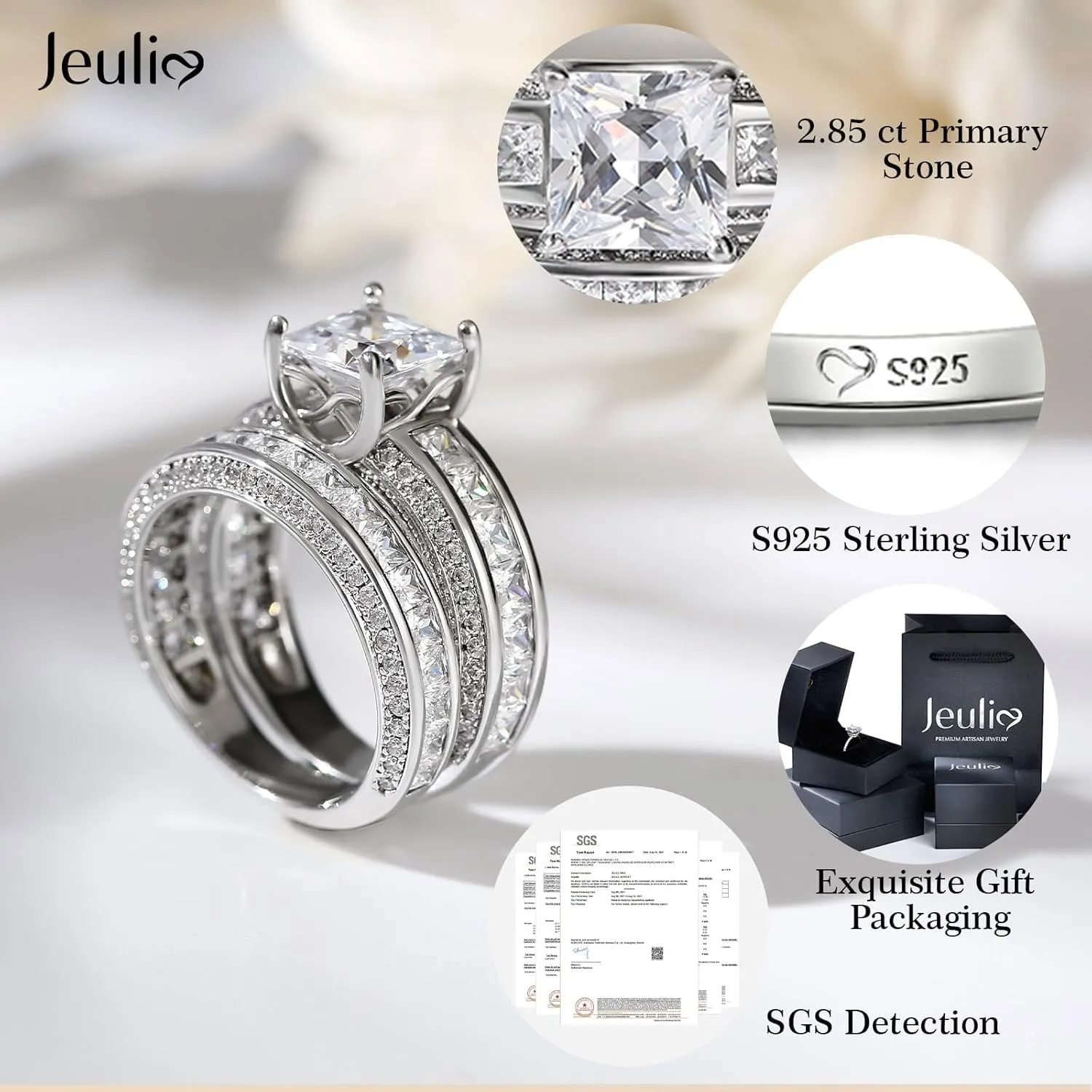 Jeulia 2.85 Carat Sterling Silver Princess Cut Bridal Set Engagement Wedding Rings Bands with Cubic Zirconia for Women with Jewelry Gift Box