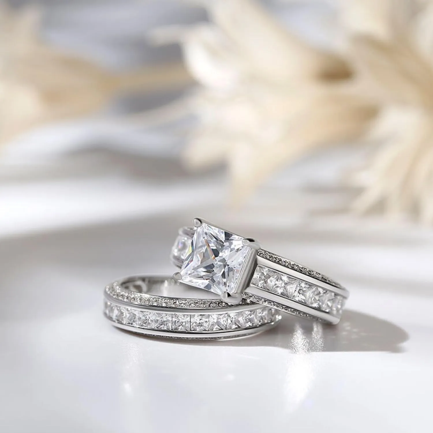 Jeulia 2.85 Carat Sterling Silver Princess Cut Bridal Set Engagement Wedding Rings Bands with Cubic Zirconia for Women with Jewelry Gift Box