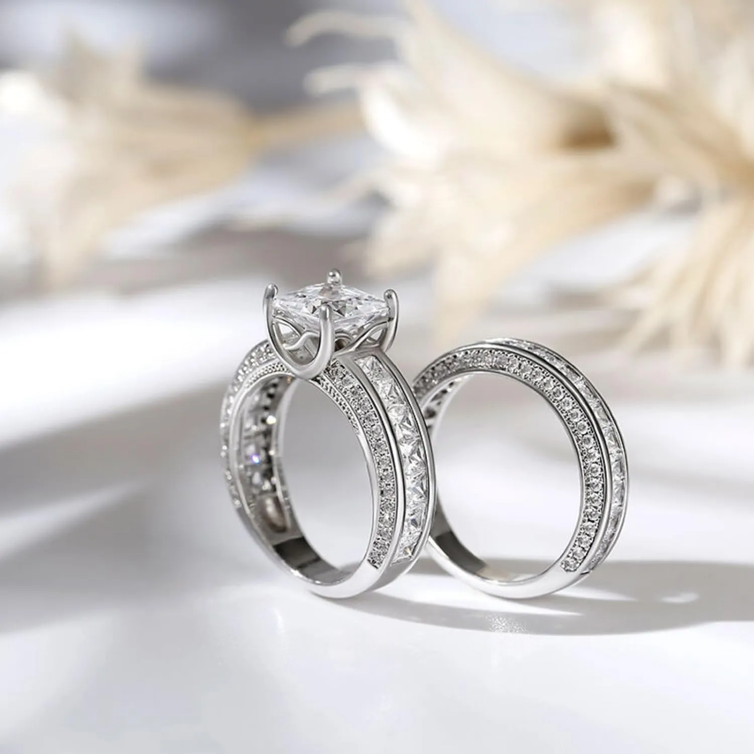 Jeulia 2.85 Carat Sterling Silver Princess Cut Bridal Set Engagement Wedding Rings Bands with Cubic Zirconia for Women with Jewelry Gift Box