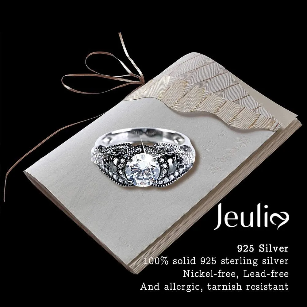 Jeulia 3.68 Carat Twist Skull Rings for Women Sterling Silver Two Tone Twist Band Rings White Diamond Bridal Ring Set Black Plated Engagement Promise Rings with Jewelry Gift Box