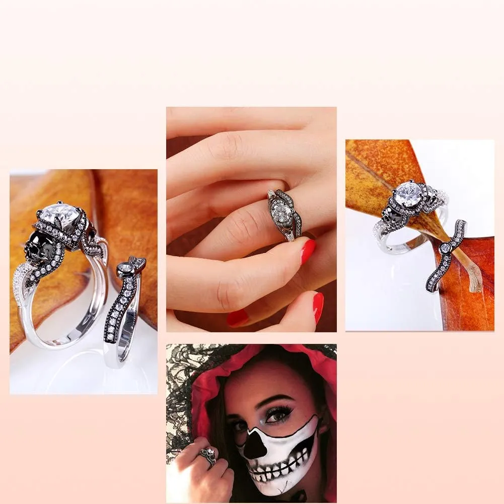 Jeulia 3.68 Carat Twist Skull Rings for Women Sterling Silver Two Tone Twist Band Rings White Diamond Bridal Ring Set Black Plated Engagement Promise Rings with Jewelry Gift Box
