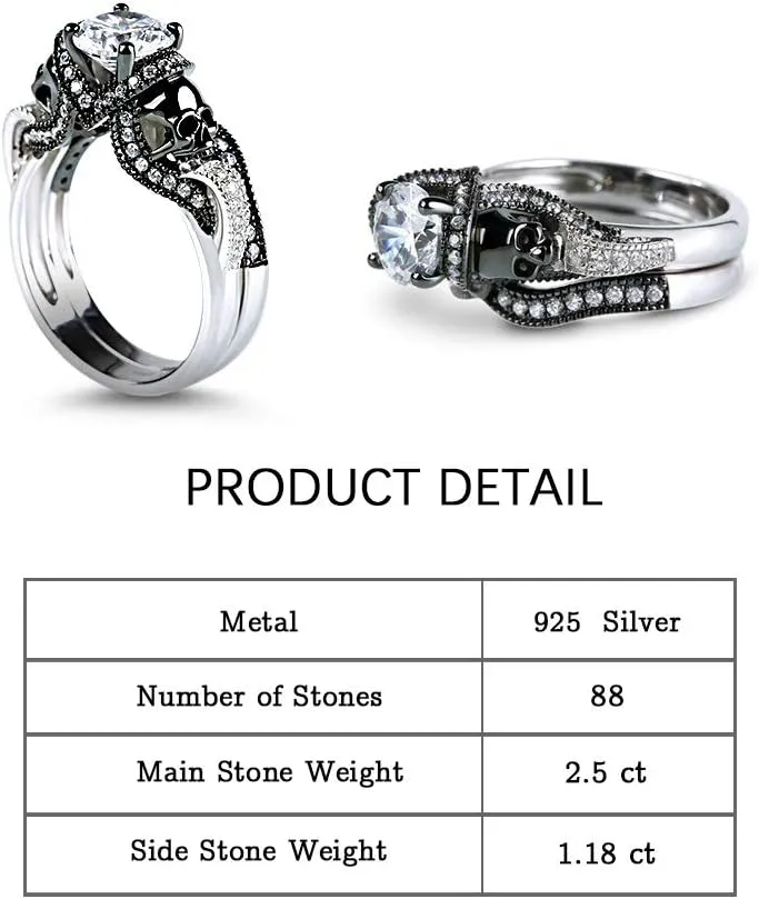 Jeulia 3.68 Carat Twist Skull Rings for Women Sterling Silver Two Tone Twist Band Rings White Diamond Bridal Ring Set Black Plated Engagement Promise Rings with Jewelry Gift Box
