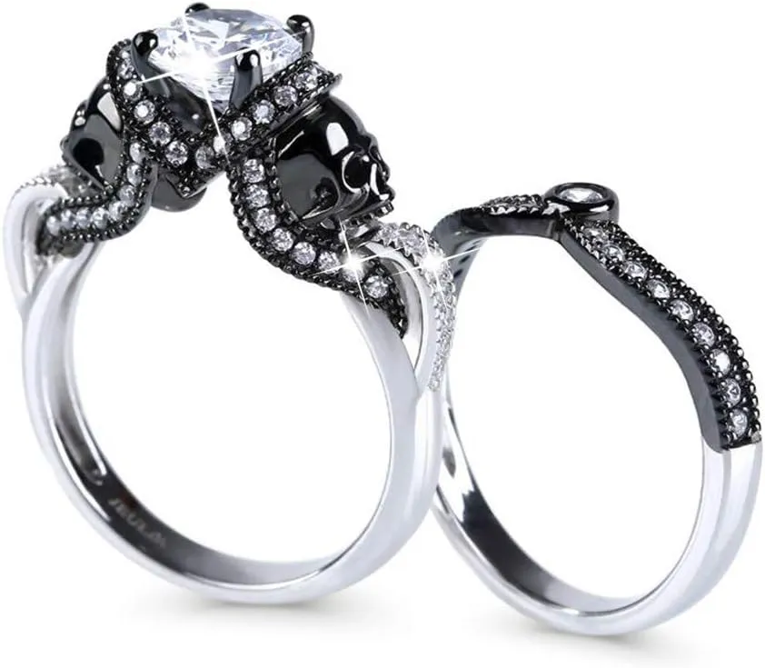 Jeulia 3.68 Carat Twist Skull Rings for Women Sterling Silver Two Tone Twist Band Rings White Diamond Bridal Ring Set Black Plated Engagement Promise Rings with Jewelry Gift Box