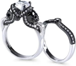 Jeulia 3.68 Carat Twist Skull Rings for Women Sterling Silver Two Tone Twist Band Rings White Diamond Bridal Ring Set Black Plated Engagement Promise Rings with Jewelry Gift Box
