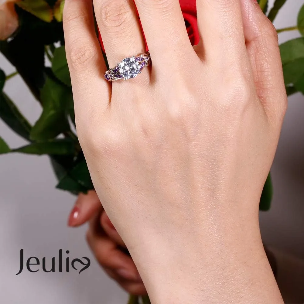 Jeulia 4.3 Carat Personalized Sterling Silver Butterfly Rings for Women Purple Amethyst Bridal Round Cut Wedding Engagement Eternity Valentine's Promise Ring Set