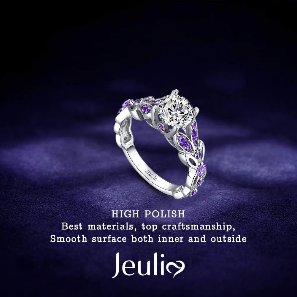 Jeulia 4.3 Carat Personalized Sterling Silver Butterfly Rings for Women Purple Amethyst Bridal Round Cut Wedding Engagement Eternity Valentine's Promise Ring Set