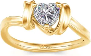 Jeulia Heart Cut Solitaire Silver Ring: Wrap Yellow Gold-Plated Platinum Cubic Zirconia Engagement Band Anniversary Promise Bridal Set Valentine's Jewelry Gift with Box