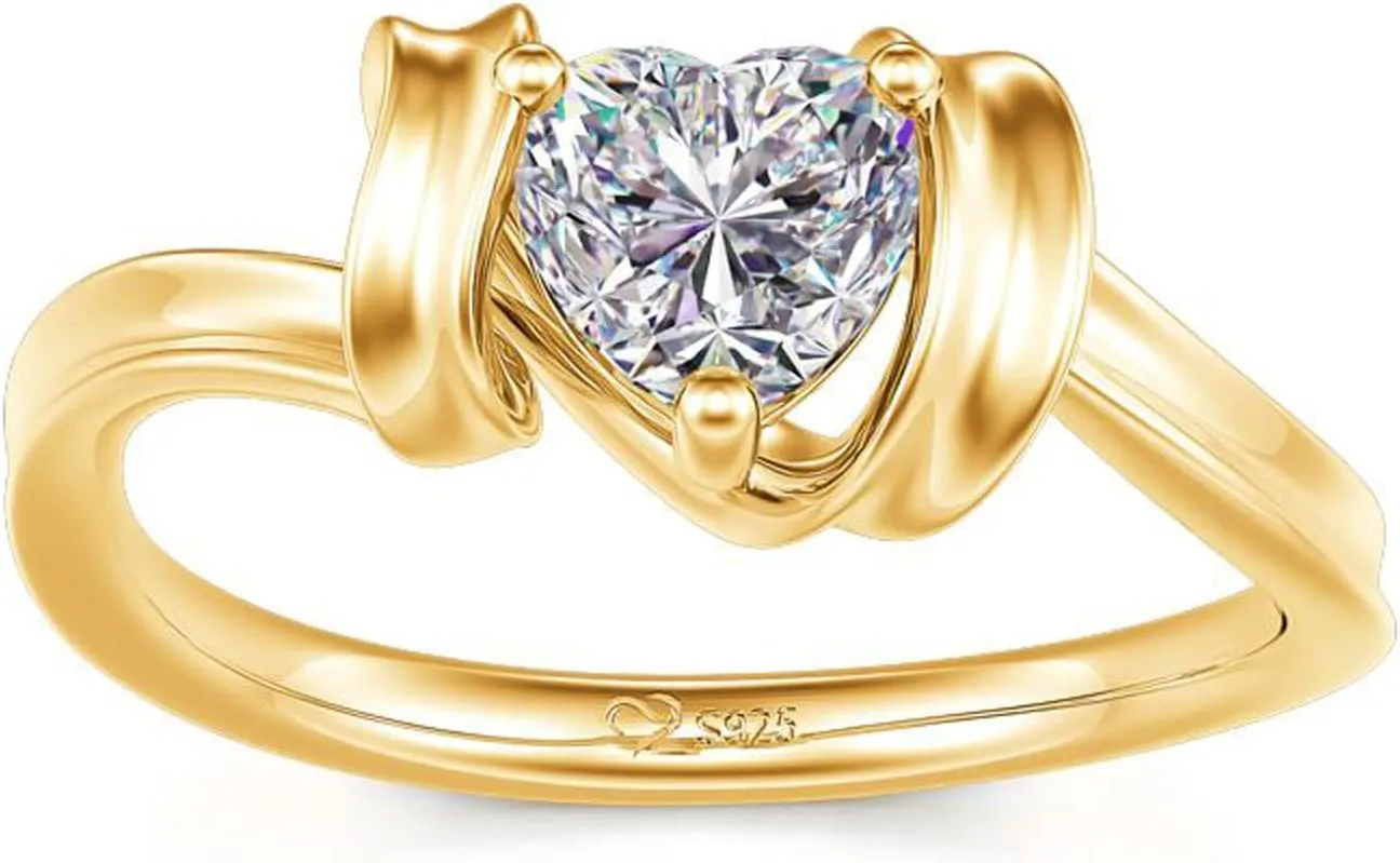 Jeulia Heart Cut Solitaire Silver Ring: Wrap Yellow Gold-Plated Platinum Cubic Zirconia Engagement Band Anniversary Promise Bridal Set Valentine's Jewelry Gift with Box