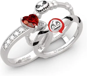 Jeulia "Skull Couple Heart Cut Sterling Silver Enhancer Ring Set for Women Wife Girlfriend Engagement Wedding Anniversary Valentins Day Birthday With Jewelry Box