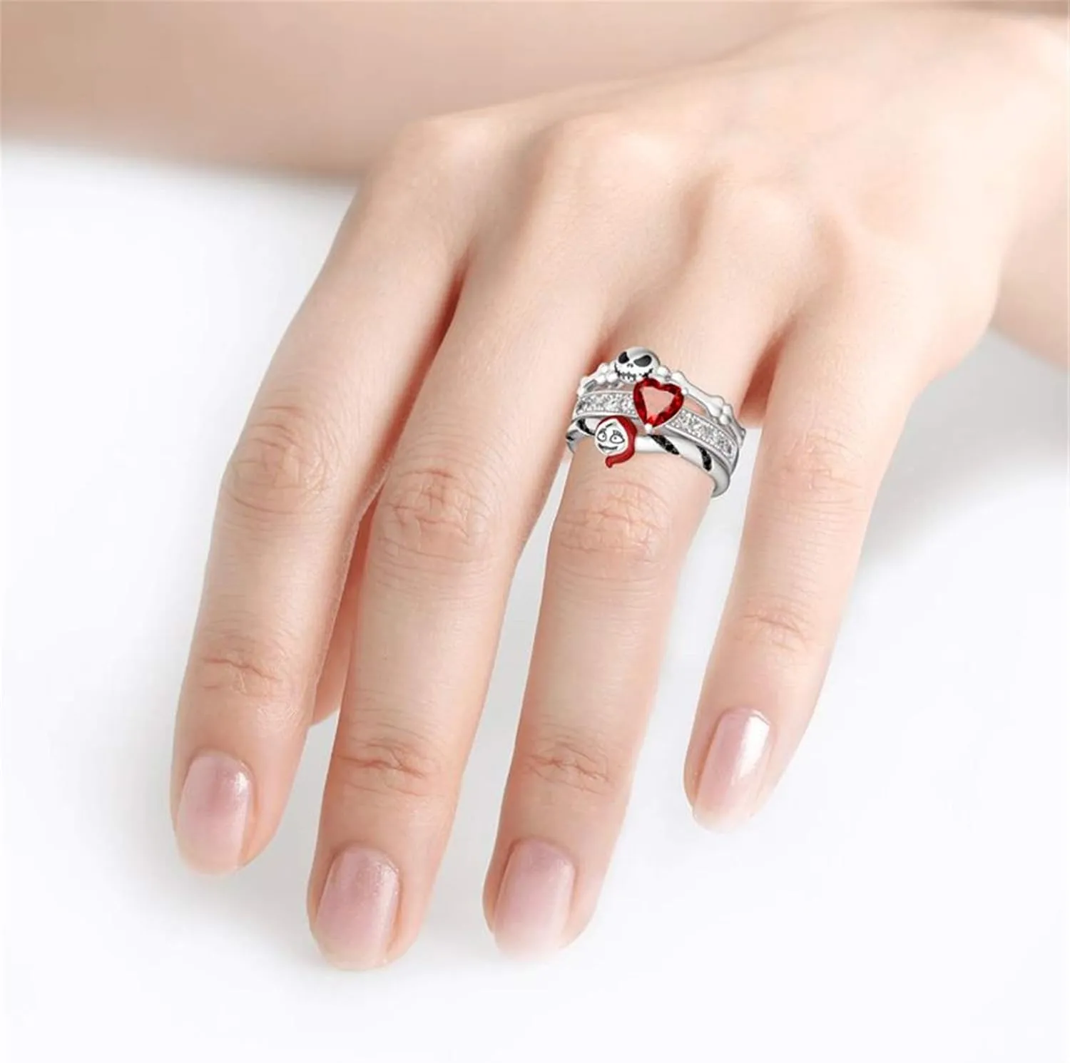 Jeulia "Skull Couple Heart Cut Sterling Silver Enhancer Ring Set for Women Wife Girlfriend Engagement Wedding Anniversary Valentins Day Birthday With Jewelry Box