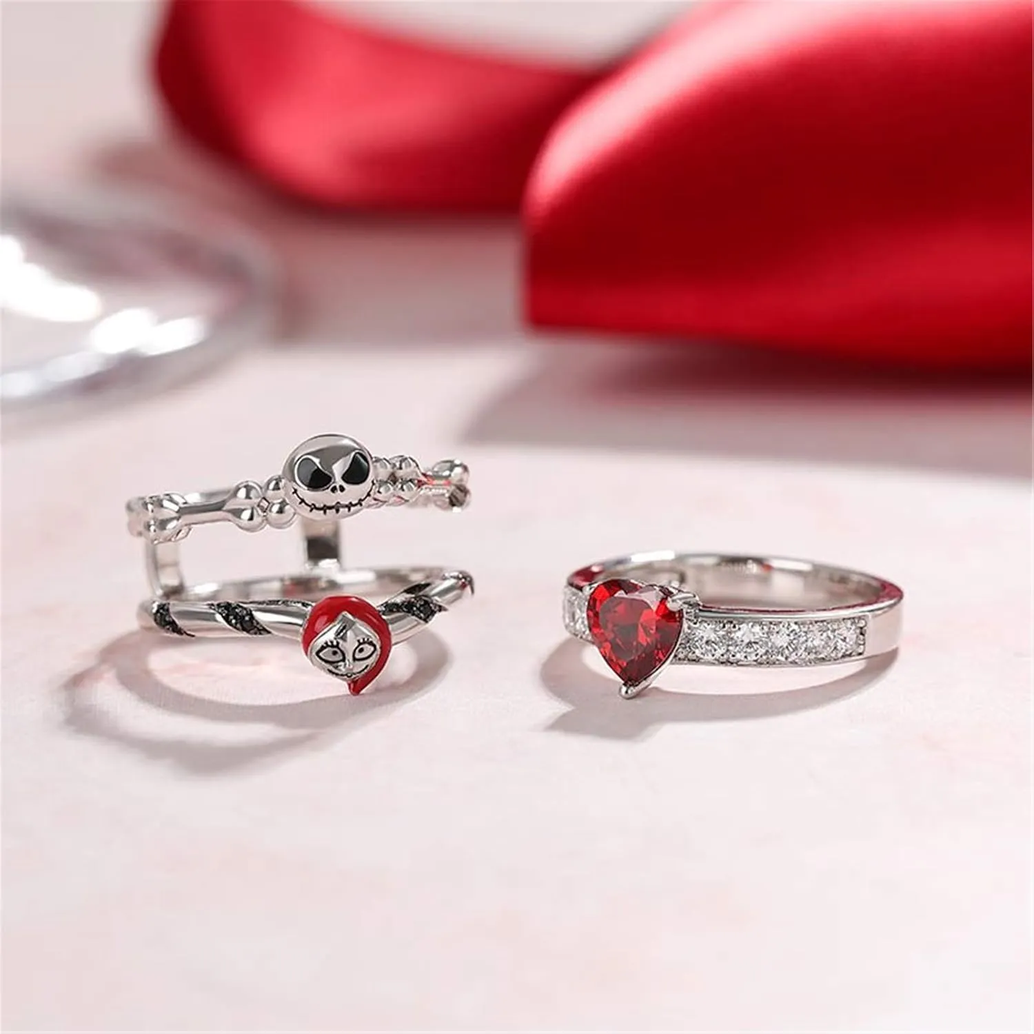 Jeulia "Skull Couple Heart Cut Sterling Silver Enhancer Ring Set for Women Wife Girlfriend Engagement Wedding Anniversary Valentins Day Birthday With Jewelry Box