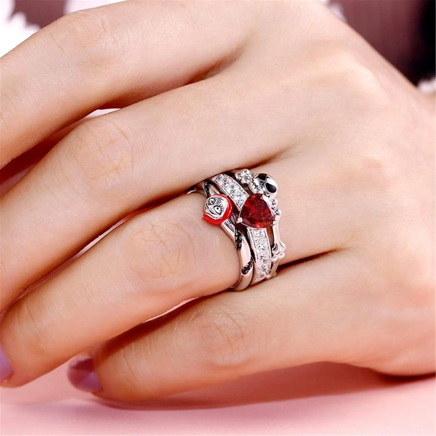 Jeulia "Skull Couple Heart Cut Sterling Silver Enhancer Ring Set for Women Wife Girlfriend Engagement Wedding Anniversary Valentins Day Birthday With Jewelry Box
