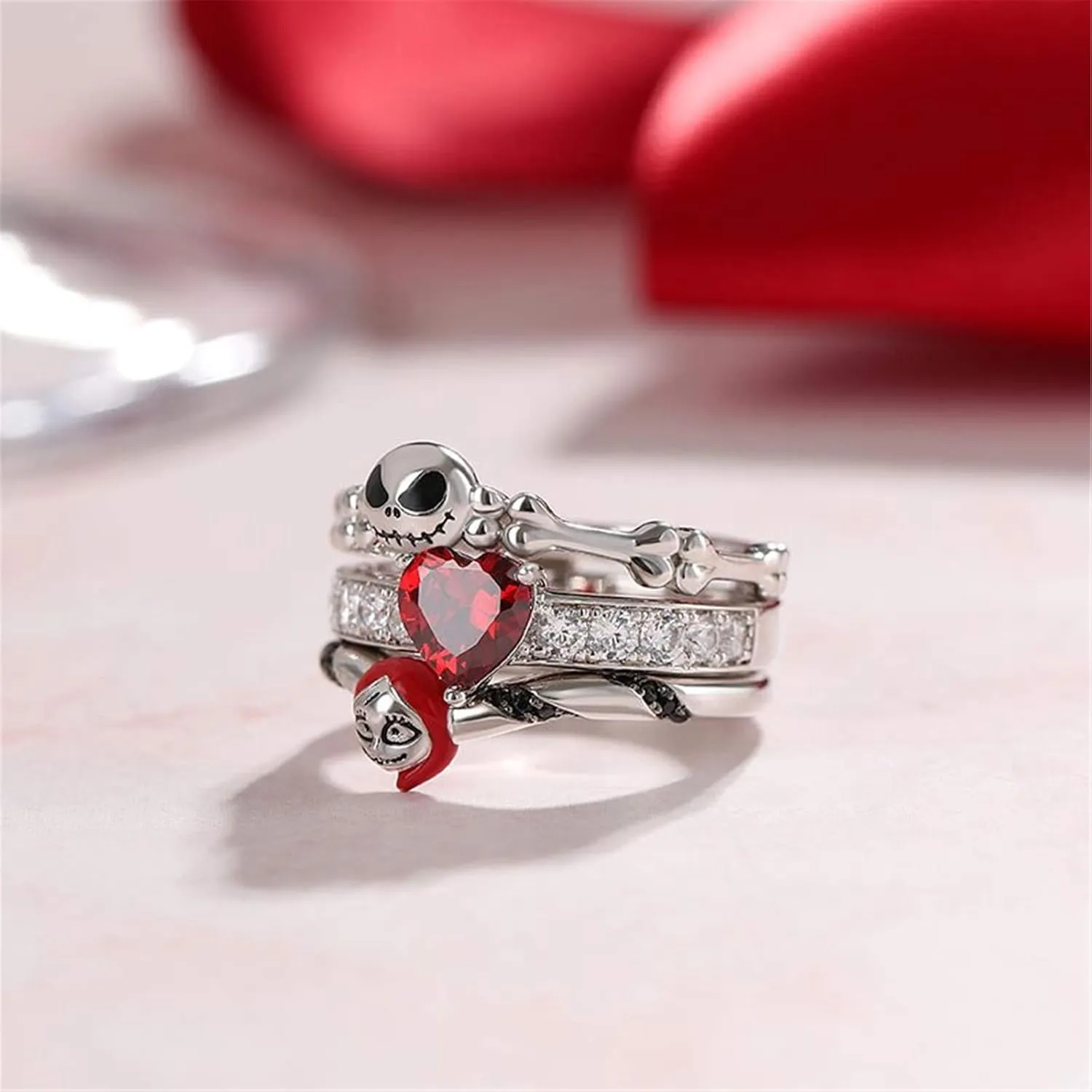 Jeulia "Skull Couple Heart Cut Sterling Silver Enhancer Ring Set for Women Wife Girlfriend Engagement Wedding Anniversary Valentins Day Birthday With Jewelry Box
