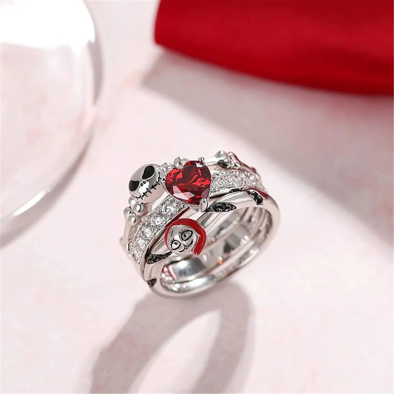 Jeulia "Skull Couple Heart Cut Sterling Silver Enhancer Ring Set for Women Wife Girlfriend Engagement Wedding Anniversary Valentins Day Birthday With Jewelry Box