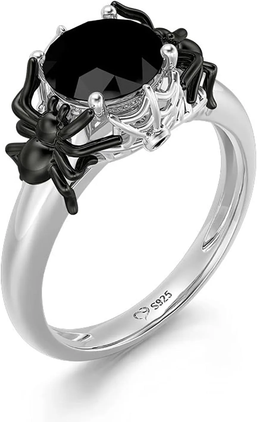 Jeulia Round Cut Silver Ring: Sterling Silver Hug Me Black Spider Gothic Ring Band Fashion Anniversary Promise Engagement Wedding Halloween Ring Set for Her with Gift Jewelry Box