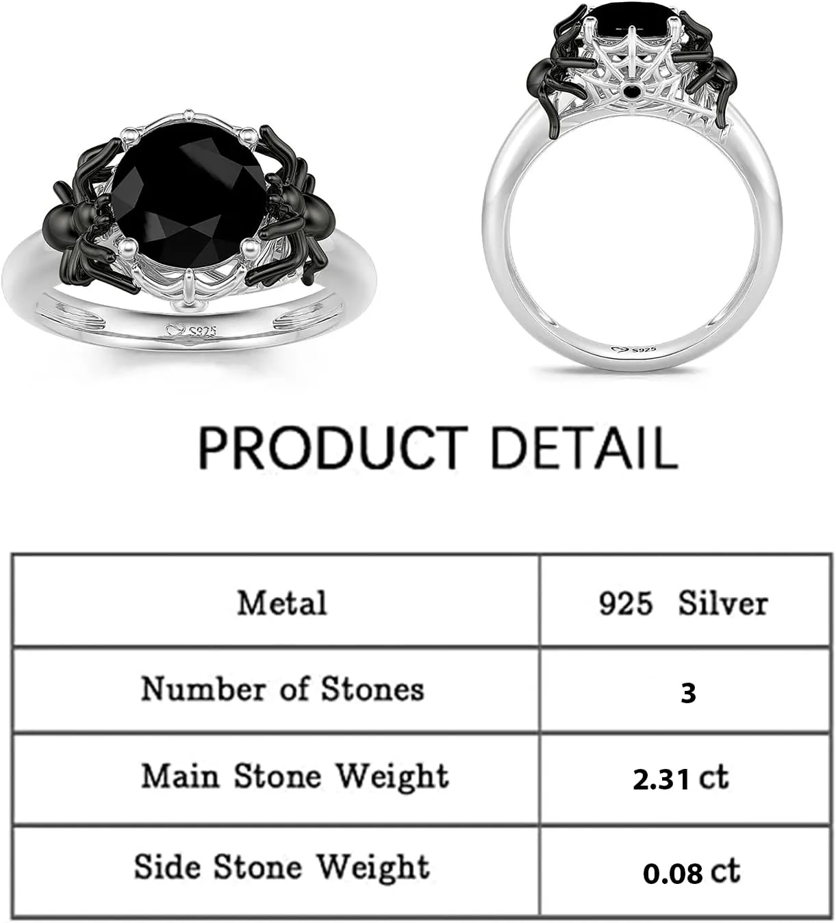 Jeulia Round Cut Silver Ring: Sterling Silver Hug Me Black Spider Gothic Ring Band Fashion Anniversary Promise Engagement Wedding Halloween Ring Set for Her with Gift Jewelry Box