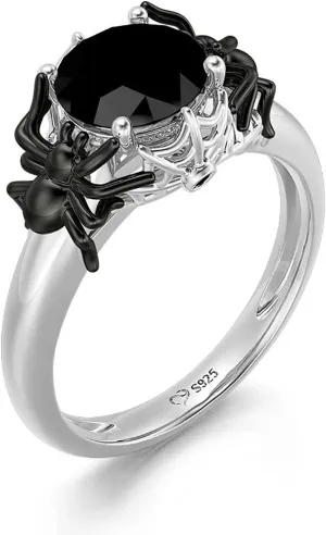 Jeulia Round Cut Silver Ring: Sterling Silver Hug Me Black Spider Gothic Ring Band Fashion Anniversary Promise Engagement Wedding Halloween Ring Set for Her with Gift Jewelry Box
